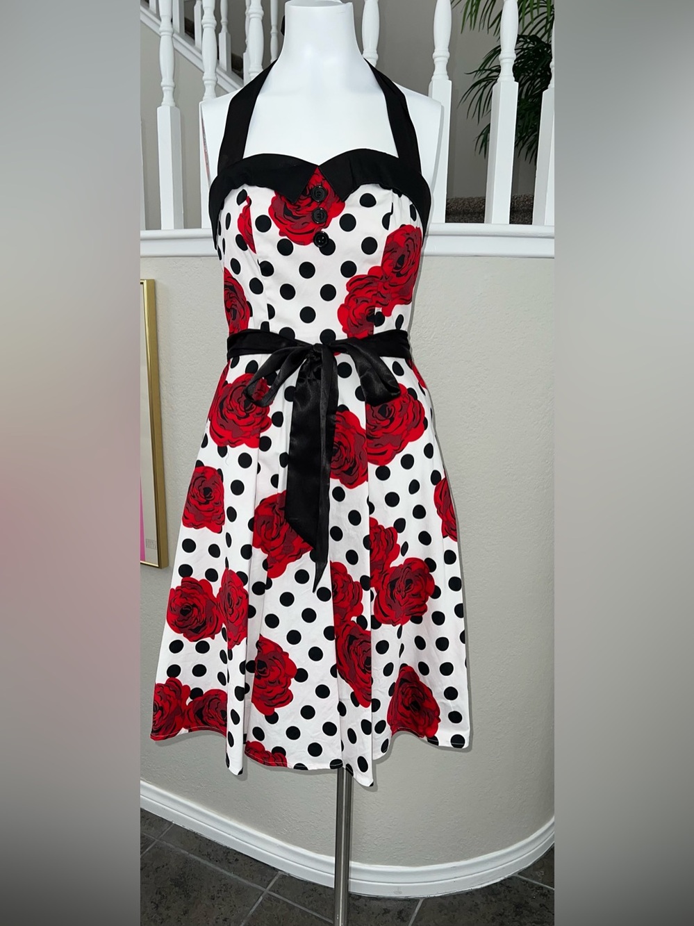 Retro Halter Pin Up Style Polka Dot Dress with Red Rose Print - Black Accents